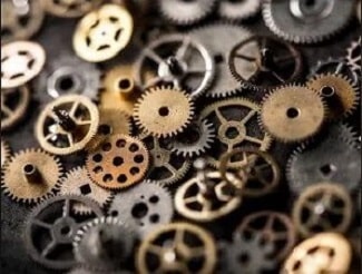 A close-up view of various small gears and components from a watch