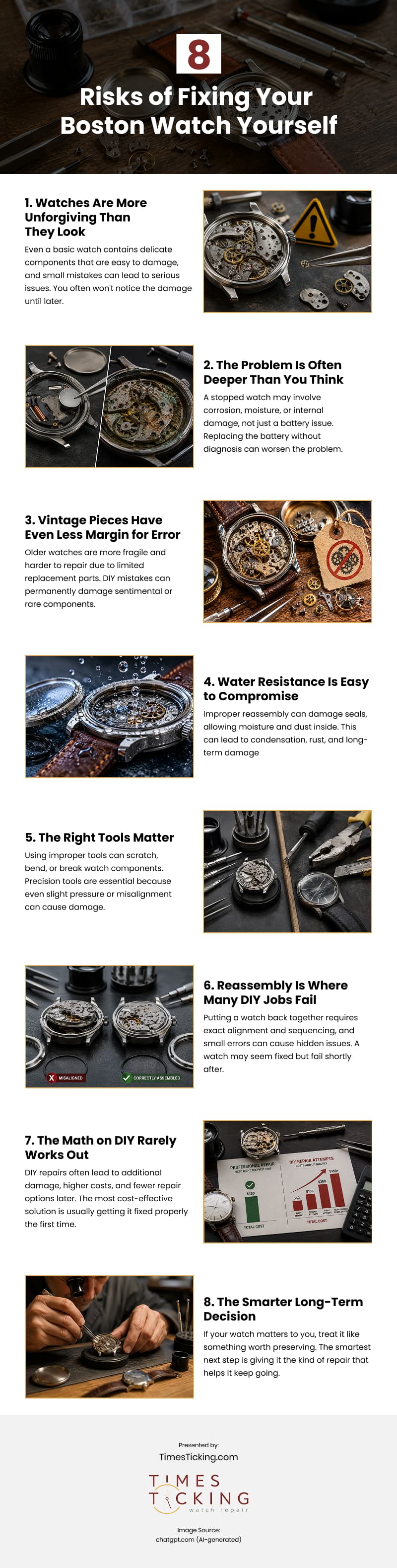 8 Risks of Fixing Your Boston Watch Yourself Infographic